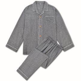 J&Y Men's Pajamas, Spring/Summer, 100% Cotton, Open Front, Double Layer, Gauze, Top and Bottom Set, Gentlemen's Pajamas, Sweat Absorbent, Breathable, Skin-friendly, Hospital Wear, Sleepwear,