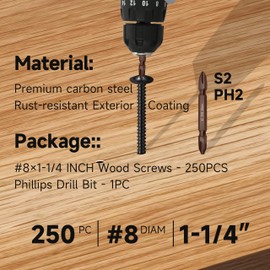 Wood Screws 250Pcs #8 x 1-1/4", Phillips Modified Truss Head 1 1/4 Black Screws, Zinc Oxide Self Tapping Assorted Small Wood Screws for Household Appliances Furniture, Woodworking, Outdoor By Marysino