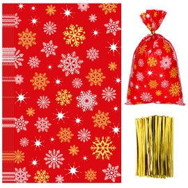 Whaline 100Pcs Christmas Cellophane Bag with 100 Gold Twist Ties White Gold Snowflake Candy Cookie Treat Bag Red Xmas Winter Cello Goody Bag for Party Supplies