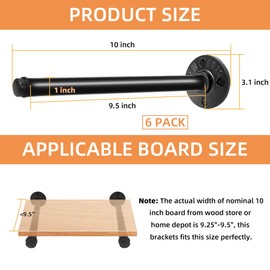 Pipe Shelf Brackets 10 Inch, Industrial Black Metal Wall Pipe Floating Shelf Bracket Heavy Duty Decorative Shelving Brackets for Wood Shelves, Rustic Farmhouse Vintage Style - 6 Pack