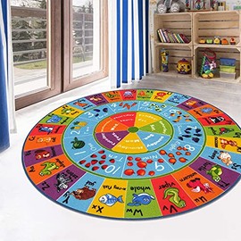 HEBE 4ft Round Kids ABC Rug Alphabet Nursery Rug for Bedroom Playroom Non Slip Educational Playmat Round Circle Carpet for Classroom Infant Toddlers