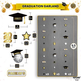 KatchOn, Foil Graduation Cap Garland - No DIY, 9 String, 6.5 Feet | Black and Gold Graduation Decorations 2025 | Graduation Cap Decorations | Graduation Decor Class of 2025