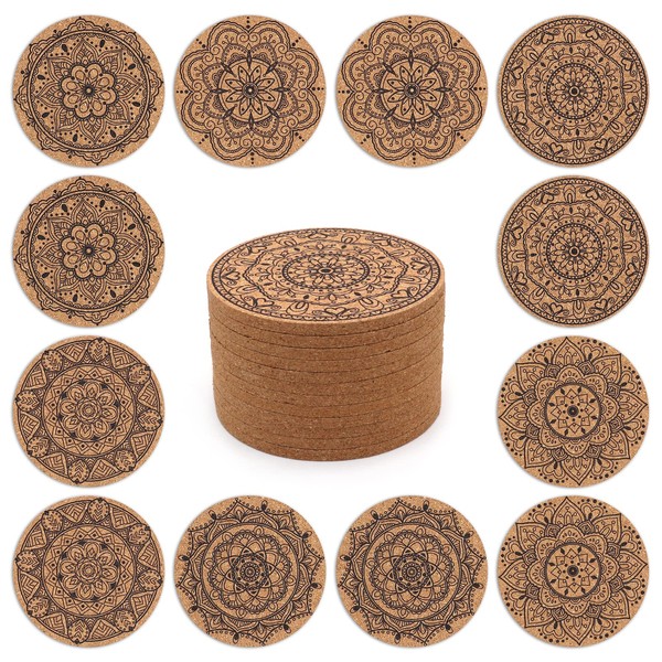 STARUBY Pack of 12 Coasters Indian Floral Pattern Cork Coasters 10cm Round Drink Coasters Suitable for Dining Table Bar Coffee Bar Decoration Gift