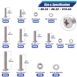Taiss Machine Screws Nuts and Bolts Assortment Kit,304 Stainless Steel Bolts and Nuts Kit,#6-32#8-32#10-24 8 Sizes Phillips Pan Head Bolt and Nut & Washers,237PCS Machine Screw Assortment