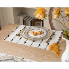 Boho Placemats Set of 6 for Dining Table Decor, Woven Cloth Place Mats for Farmhouse Rustic Kitche Home Decor, Cotton Placemats 13 x 19 Inch, Black and Beige Table mats