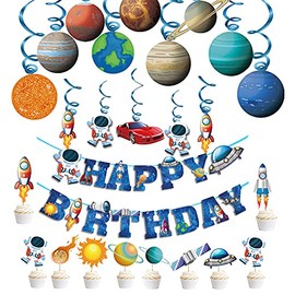 Space Theme Birthday Party Decorations Set, 25 Pieces, Astronaut Banner and Planet Hanging Spirals
