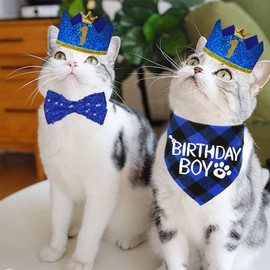 STMK Cat Birthday Party Supplies, Cat Birthday Hat with Numbers Cat Birthday Boy Bandana Bow Tie for Cat Birthday Decorations