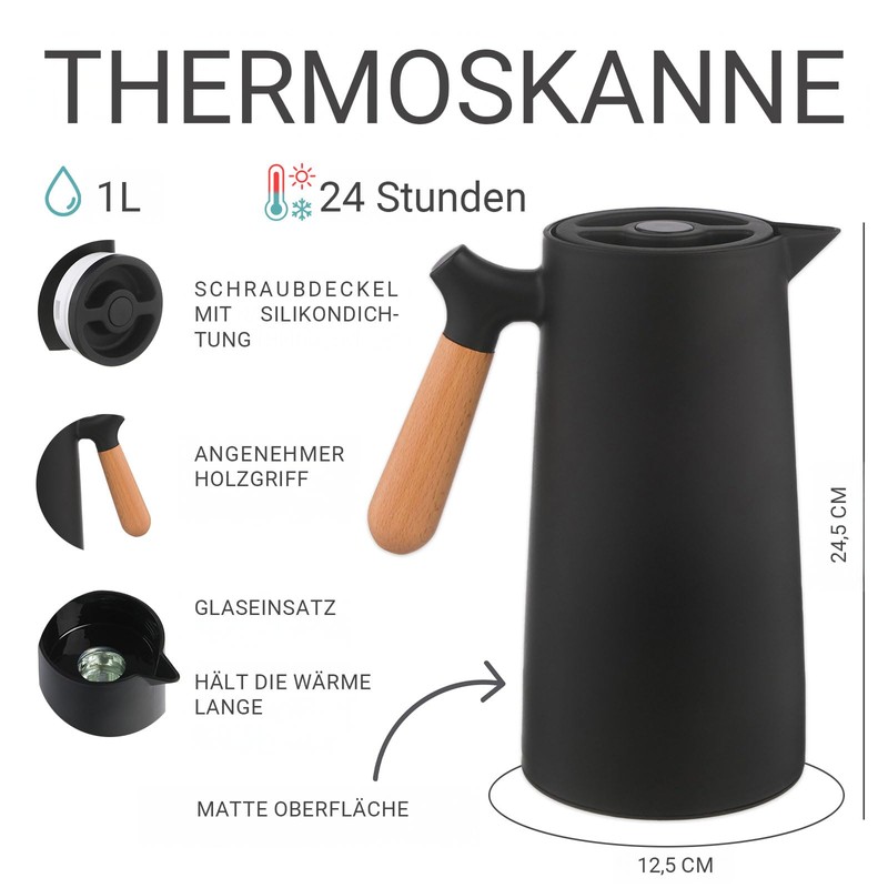 KVOTA Thermos 1 Litre Thermos Flask with Glass Flask, Colour
