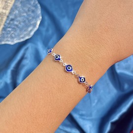 choice of all Evil Eye Bracelet for Women，14K Gold Plated Turkish Blue Eye Chain Bracelets for Girls (Silver Round Eye)