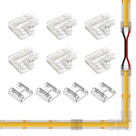 BTF-LIGHTING COB 10mm/0.39in Width LED Connector Kit 6Pcs 2 Pin Transparent Gapless L-Shaped 4Pcs 2Pin Strip to Strip Connectors for FCOB PWM Single Color +V -V LED Lights