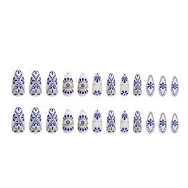 Blue Flower Press on Nails Almond Medium Fake Nails with Glue Artificial Nails Full Cover False Nails with Blue Eye Glossy Glue on Nails with Glitter Gold Stripe Designs for Women 24PCS