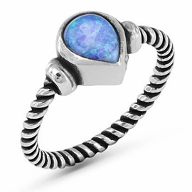 Anillo de lujo oxidado de plata de ley 925 con corte de lágrima de cabujón azul de imitación ópalo natal para mujer, 7, Metal Metal Piedra, Simulated-ópalo