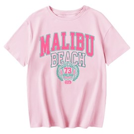 Jinluth Cute Letter Graphic Tees for Girls Preppy Aesthetic Shirts Oversized Trendy T Shirts Loose Casual Summer Tops (Pink,140)