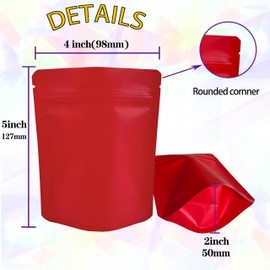 YINGZON 100 Pack Premium Smell Proof Mylar Bags, Resealable Food Storage Bags with Double-sided Matte Printing, 5" x 4" Aluminum Foil Stand-up Packaging Bags. (Red)