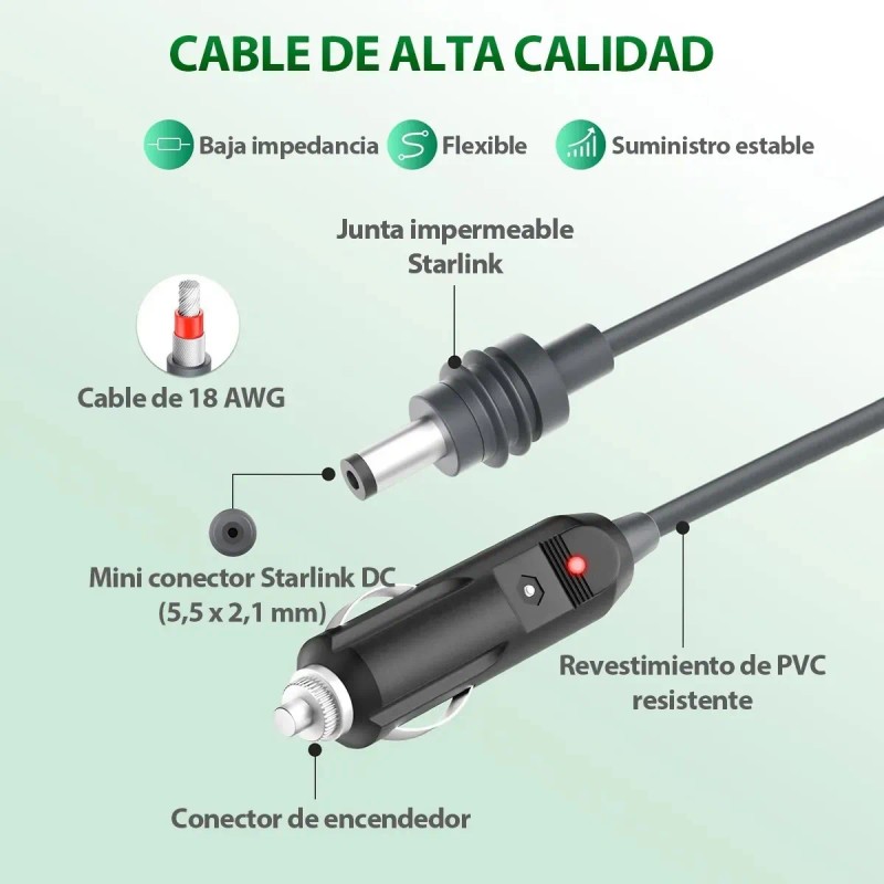 Cable Alimentador De Dc A Encendedor Auto Para Starlink Mini
