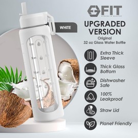 32 oz Glass Water Bottle with Time Marker - EXTRA LID, Reusable, Wide Mouth, Leakproof, Insulated Water Bottle with Silicone Sleeve, Motivational Waterbottle With Hydrating Reminder (White)