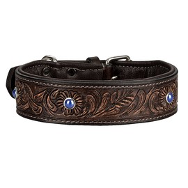 Michur Antonio Leather Dog Collar Brown Leather with Blue Stones Available in Various Sizes