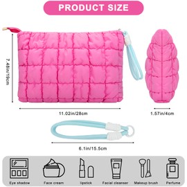 DOB SECHS Puffer Quilted Makeup Bag with Handle, Cute Puffy Cotton Cosmetic Bags for Women, Checkered Toiletry Zipper Pouch, Travel Essentials Storage Organizer Clutch Pouches Pencil Case, Hot Pink