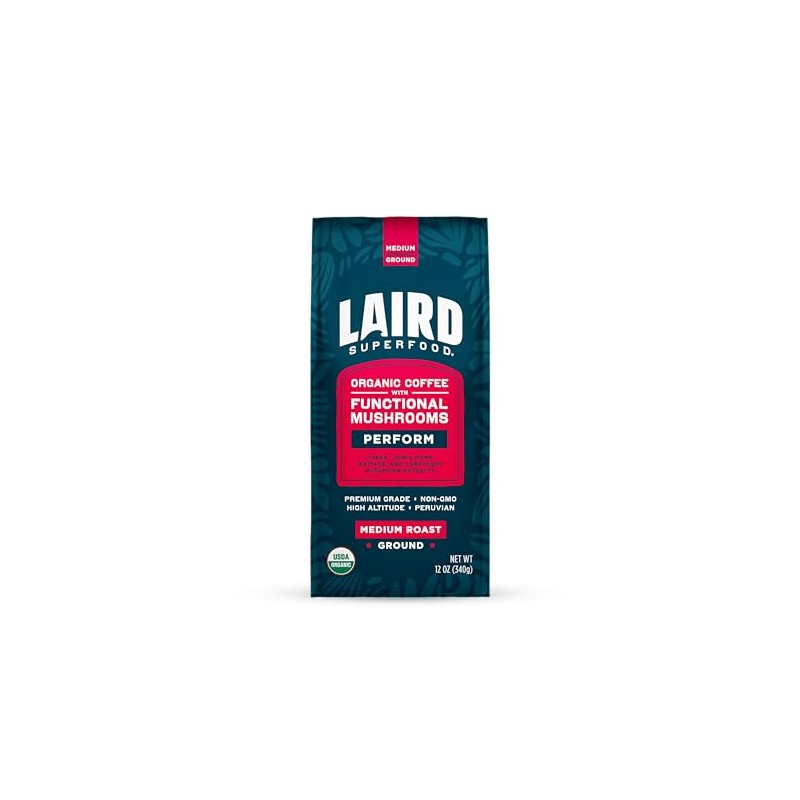 Laird Superfood Peruvian Medium Roast Coffee with Functional Mushrooms, Certified
