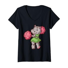 Womens Cartoon Hippo Cheerleader Cute Character For Kids V-Neck T-Shirt