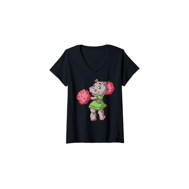 Womens Cartoon Hippo Cheerleader Cute Character For Kids V-Neck T-Shirt