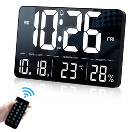 DFBL Digital Clock, Wall Mounted, Large LED Alarm Clock, Adjustable Brightness, Month/Day/Temperature/Humidity/Time Display, 12/24 Hour Switchable Digital Clock, Table Clock, Remote Control, For Home, Office, Classroom, Power Connection Required (Black)
