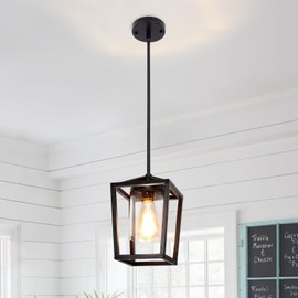 Quxezz 1-Light Black Pendant Lights Kitchen Island, Farmhouse Metal Cage Pendant Light with Clear Glass Shade Rustic Small Hanging Lantern Lighting Fixture for Entryway Dining Room Hallway