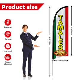 8FT Tamales Swooper Flag, Portable Tamales Signs with Stainless Steel Flagpole, Ground Stake, Eye-Catching Business Flag Banner for Store Advertising