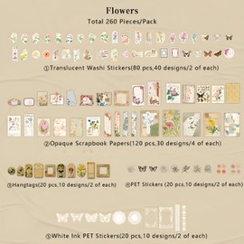 Teniinet 260 PCS Vintage Scrapbooking Supplies Aesthetic Journaling Kit,Large Collection for Bullet Junk Journals,Arts Craft Collage,Ephemera Adults,Beginners,Girls Teenage School Style(Flowers)