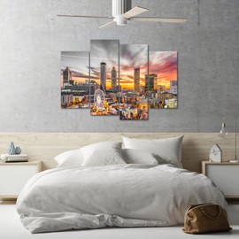 FuShvre - Atlanta Downtown Sunset Landscape Wall Art for Living Room Atlanta Skyline Canvas Art Picture 4 Panel Atlanta Cityscape Prints Home Bedroom Decor Framed