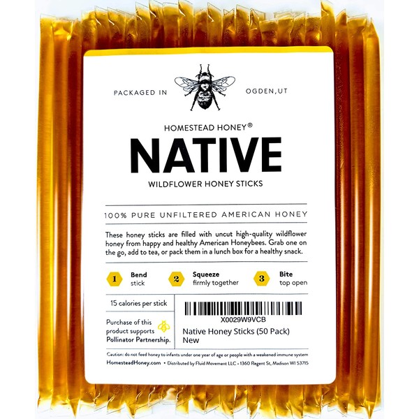 Native Honey Sticks, Pure and Uncut Honey Straws Made in the USA with Real Wildflower Honey (50 Pack)