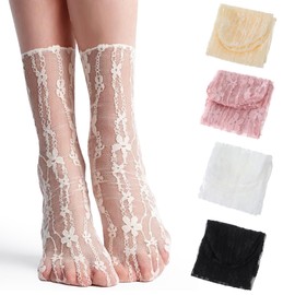 Hpmjz 4 Pairs Women Sheer Slouch Socks Summer Thin Lace Mesh Elastic See Through Socks Novelty Decorated Nylon Loose Ankle High for Women Girl