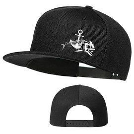 Tijeyi Anchor Fish Bones Snapback Hats for Men Funny Fish Skull Beach Flat Bill Brim Baseball Cap Cool Black Adjustable Fishing Hat for Fisherman Dad Boys
