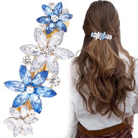 Joez Wonderful Rhinestone Hair Clip Sparkly Crystal Barrettes French Wedding Prom Engagement Pageant First Communion Hair Decorative Accessories for Women Bride Thick Long Hair (Blue Flower, 1 Pcs)