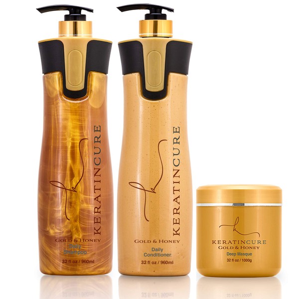 Keratin Cure Gold & Honey 3 Piece Hair Care Sulfate Free Shampoo, Conditioner & Deep Masque Soft Repair Moisturize 960ml / 1000gr