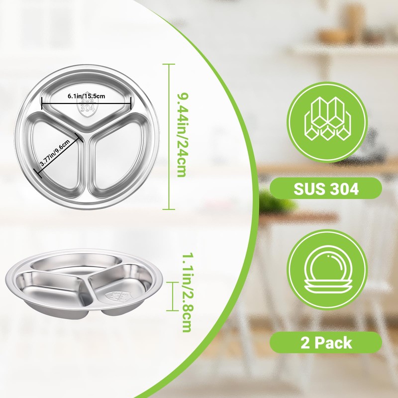 Offiper 304(18/8) Stainless Steel Compartment Plates, 2 Pack 9.4” Medium