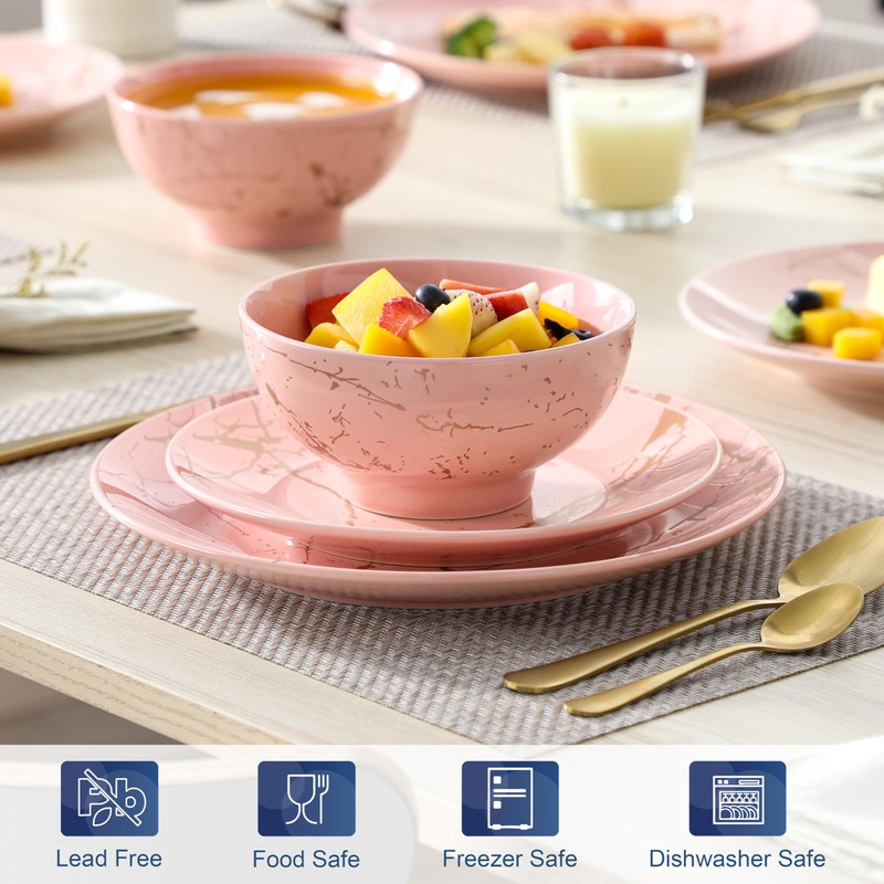 LOVECASA Pink Dinnerware Sets for 4, 12 Piece Porcelain Plates