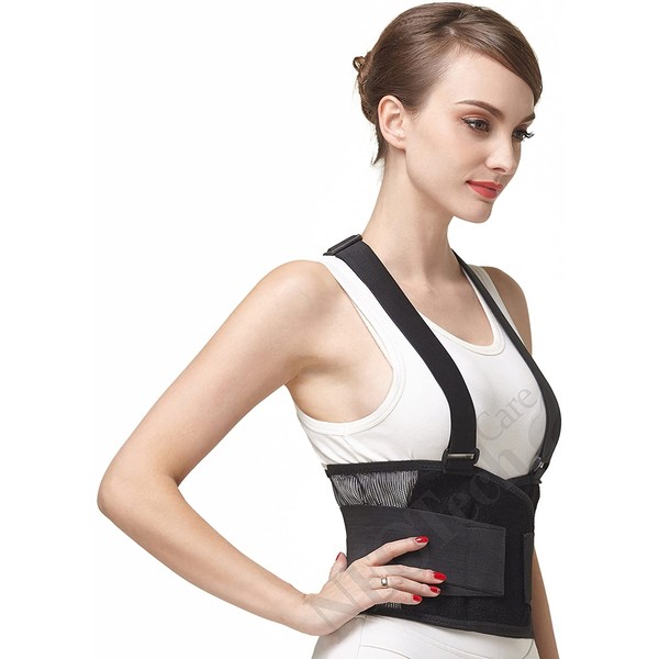 Neotech Care Back Brace with Suspenders/Shoulder Straps - Light & Breathable - Lumbar Support Belt for Lower Back Pain - Posture, Work, Gym - Black Color (Size M)