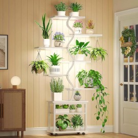 Unbranded Plant Stand Indoor with Grow Lights, 9 Tiered Plant Shelf Indoor with Wheels, - White