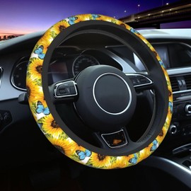 Sunflower Summer Sunshine Blue Butterfly Steering Wheel Cover Car Accessories Cute for Women Girls Girly Universal 15 Inch Neoprene Auto Interior Decor Anti Slip Car Truck Protector