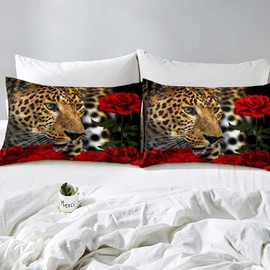 Cheetah Bedding Set King Size Red Rose Flower Leopard Print Duvet Cover Sets,Africa Tropical Wild Animal Themed Bed Comforter Cover for Child Teen Girls Boys Women Man Bedroom Decorative