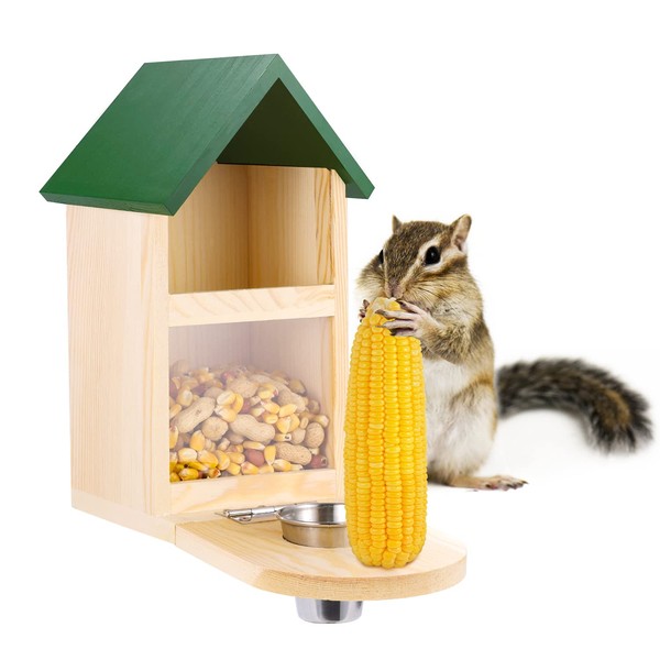 MIXXIDEA Wooden Squirrel Feeder Box, Durable Peanut Squirrel Feeders for Outside with Solid Structure, Squirrel Feeding Stations with Green Cover and Cup for Garden, Back Yard – Green