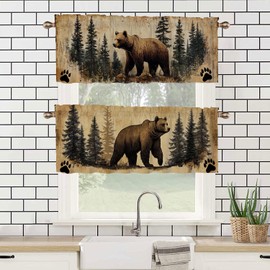 Brown Bear Kitchen Curtains Set of 2 Forest Pine Trees Vintage Black Paw Print Rod Pocket Decorative Small Window Curtains Valance for Cafe Living Room Bathroom Window Treatment Valances 54x18 inch