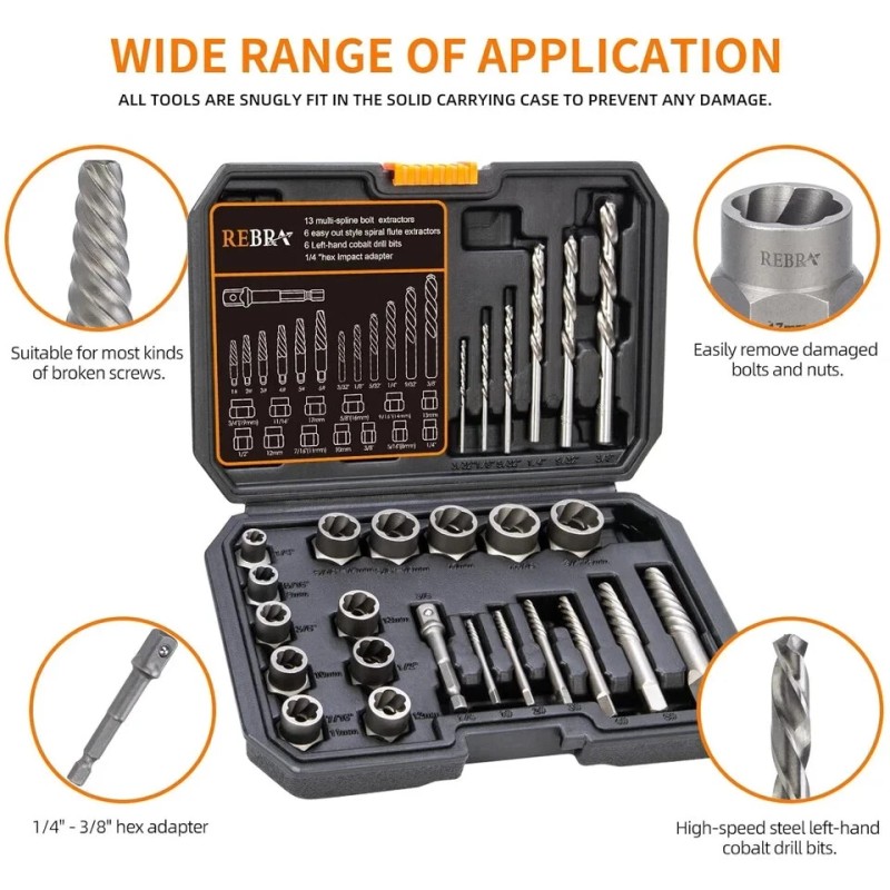 REBRA Screw Extractor and Left-Hand Drill Bit Set, Easy Out