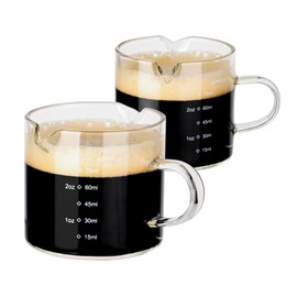 Emlim Espresso Double Spout Glass Coffee Cups with Handle - 75ML/2.5OZ Clear Borosilicate Glass Shot Glasses with Scale Measurement (2 Pack)
