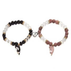 DATOA 2Pcs Cute Kawaii Cartoon Cat Couple Friendship Bracelet Animal Heart Bracelets Y2k Colorful Cat Glass Beaded Bracelet for Women Men Relationship Jewelry Gifts - Black & Brown