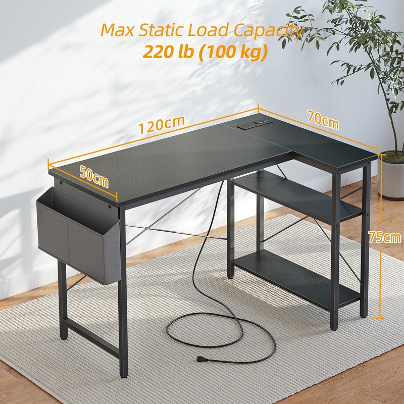 TIQLAB L Shaped Computer Desk with Power Outlets, 47 Inch