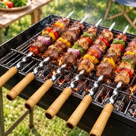 6-Piece 55cm Stainless Steel BBQ Skewers for Grilling – Reusable Kebab Sticks with Wooden Handles for Camping and Outdoor Cooking