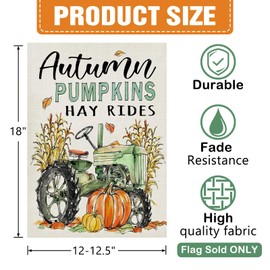 Dyrenson Fall Green Tractor Decorative Garden Flag, Autumn Pumpkins Hay Rides Yard Outside Home Decoration, Farmhouse Rustic Burlap Outdoor Small Decor Double Sided 12 x 18