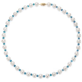 14K Yellow Gold 8-8.5mm White Freshwater Cultured Pearl and 4-4.5mm Simulated Aquamarine Necklace, 18"